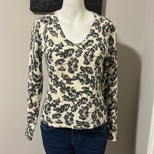 Mainbocher Cashmere Dandelion Sweater Vneck Cream Black Jumper Sz S